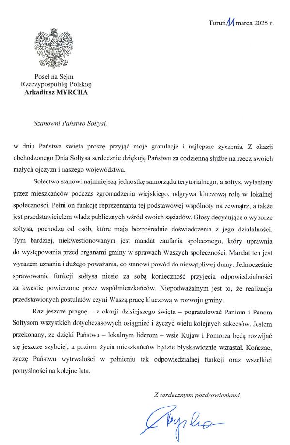 Życzenia z okazji Dnia Sołtysa od Posła na Sejm Arkadiusza Myrchy